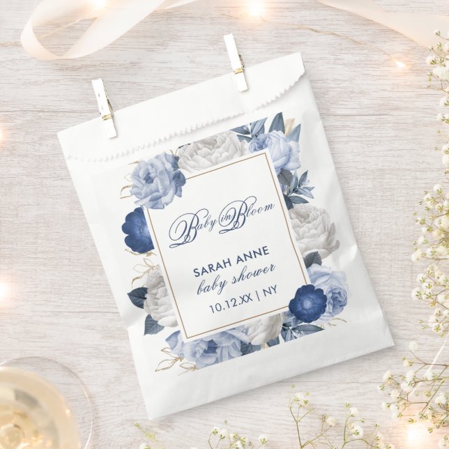 Elegant Blue & White Flower Baby Shower Favor Bag (Clipped)