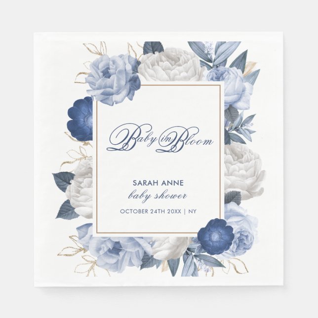 Elegant Blue & White Flower Baby Shower Napkins (Front)