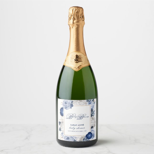 Elegant Blue & White Flower Baby Shower Sparkling Wine Label (Front)