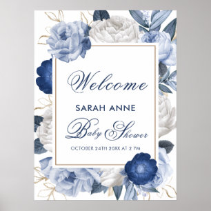 Elegant Blue White Flower Baby Shower Welcome Poster