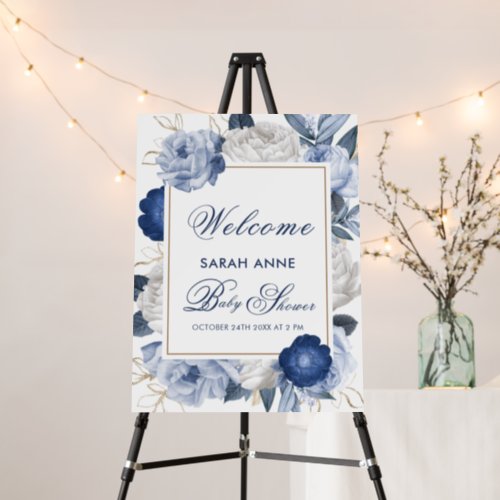 Elegant Blue White Flower Baby Shower Welcome Sign