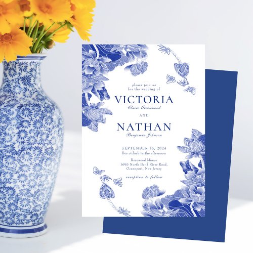 Elegant Blue White Flower Chinoiserie Chic Wedding Invitation