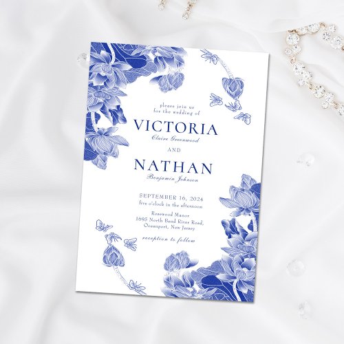 Elegant Blue White Flower Chinoiserie Chic Wedding Magnetic Invitation