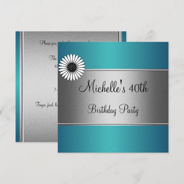 Elegant Blue White Flower Silver 40th Birthday Invitation (Front/Back)