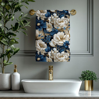 Elegant blue white flowers chic modern bath towel