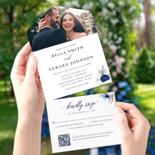 Elegant Blue White Flowers Monogram Photo Wedding All In One Invitation