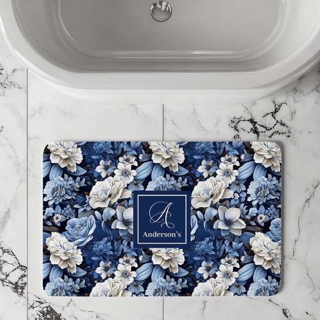 Elegant Blue White Flowers Personalized Bath Mat (Navy blue and ivory flowers,
Deep Blue flowers botanical garden,
Royal blue dusty blue floral,
Water)