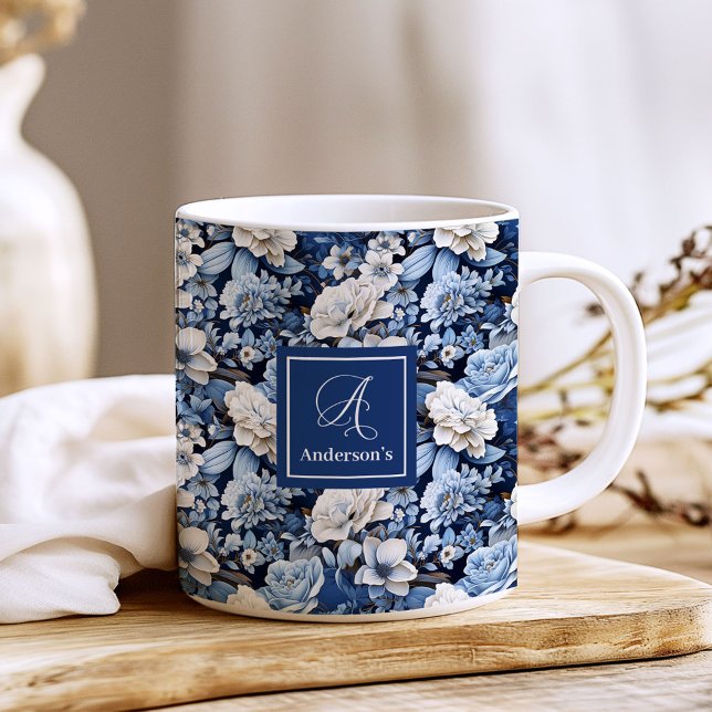 Elegant Blue White Flowers Personalized Coffee Mug (Navy blue and ivory flowers,
Deep Blue flowers botanical garden,
Royal blue dusty blue floral,
Water)