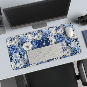 Elegant Blue White Flowers Personalized Desk Mat