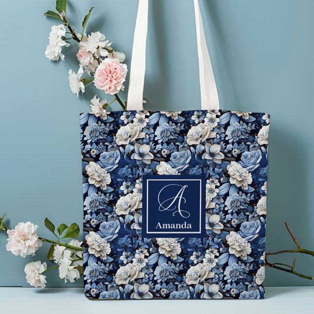 Elegant Blue White Flowers Personalized Tote Bag (Elegant Blue White Flowers Personalized Tote Bag)