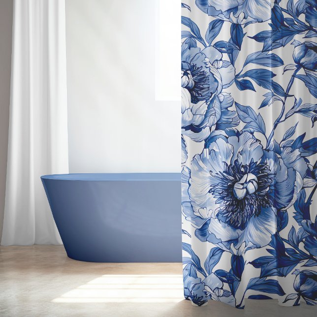 Elegant Blue White Flowers Seamless Floral Pattern Shower Curtain (Botanical Blue Floral Delicate Porcelain Flower Shower Curtain)