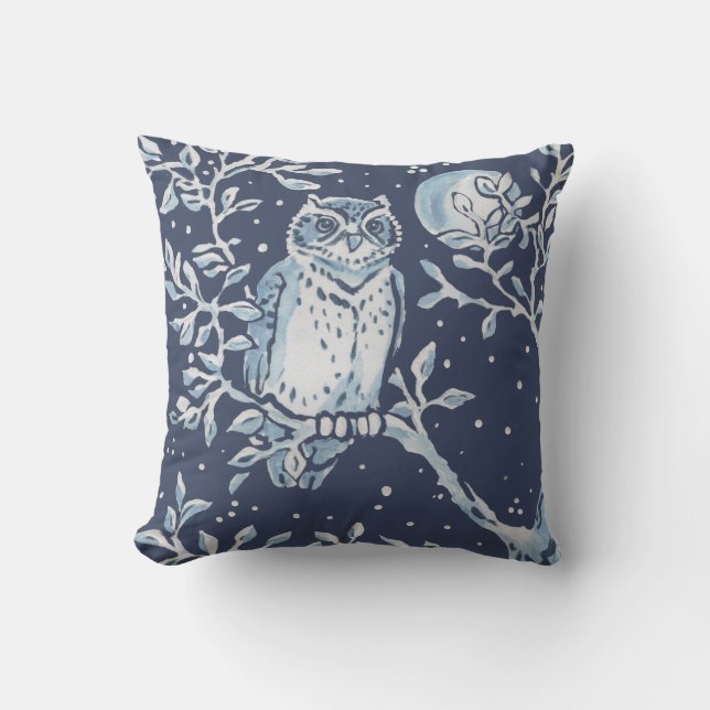 Elegant Blue White Forest Owl Moon Woodland Art Throw Pillow (Front)