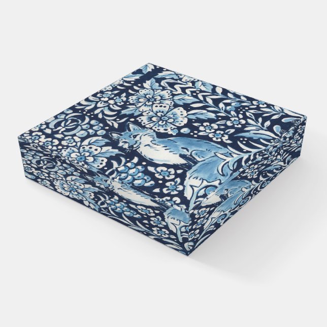 Elegant Blue & White Fox Woodland Floral Design Paperweight (Angled)