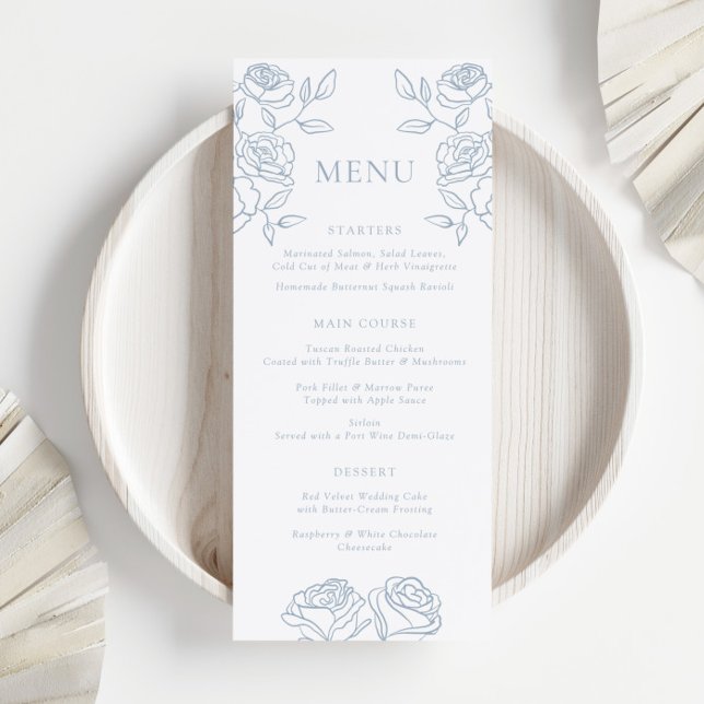 Elegant Blue & White French Roses Wedding Menu (Creator Uploaded)