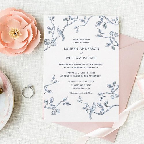 Elegant Blue  white French toile wedding  Invitation