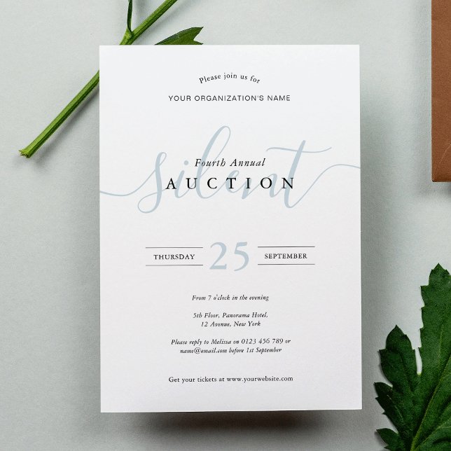 Elegant Blue & White Fundraiser Silent Auction Invitation (Elegant modern white and dusty blue calligraphy script invitation design)