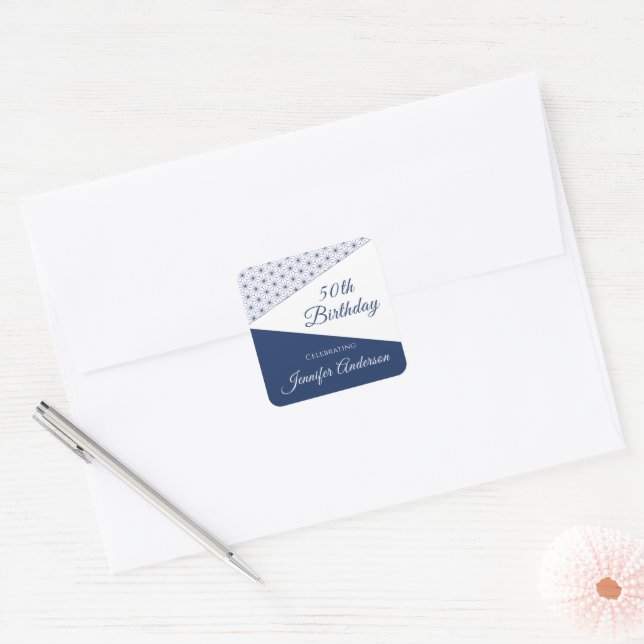 Elegant Blue White Geometric 50 Milestone Square Sticker (Envelope)