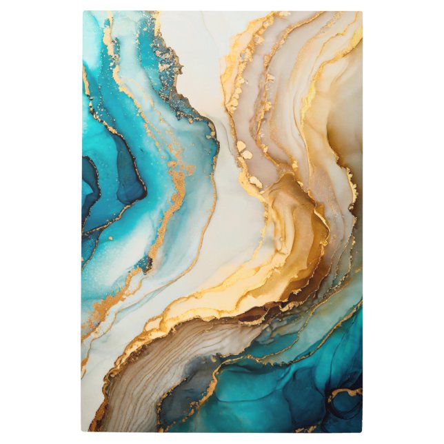 Elegant Blue White Gold Chic Agate Marble Metal Print (Front)