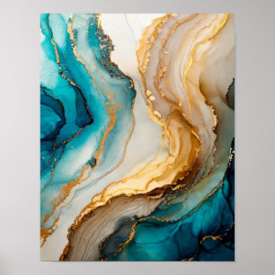 Elegant Blue White Gold Chic Agate Marble Poster
