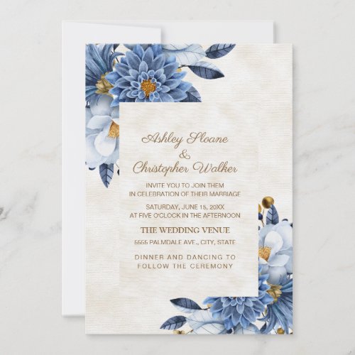 Elegant Blue White Gold Floral Wedding Invitation