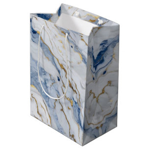 Elegant blue white gold marble granite pattern medium gift bag
