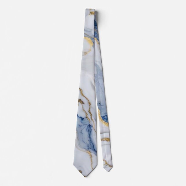 Elegant blue white gold marble granite pattern neck tie (Front)
