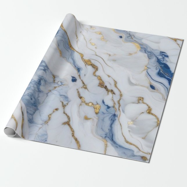 Elegant blue white gold marble granite pattern wrapping paper (Unrolled)
