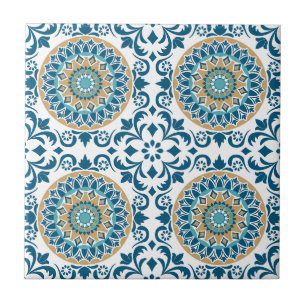 Elegant Blue White Gold Mediterranean Ornate  Ceramic Tile