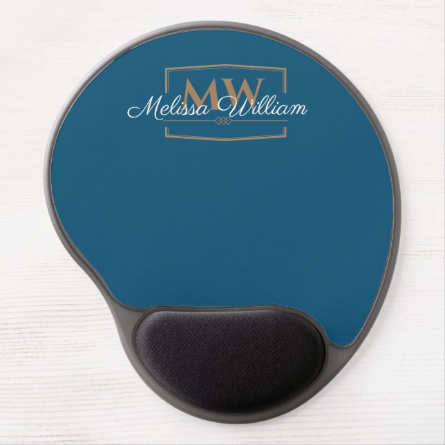Elegant Blue White Gold Monogram Name Script Gel Mouse Pad (Front)