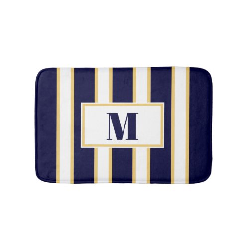 Elegant Blue White Gold Stripe Monogram Bath Mat