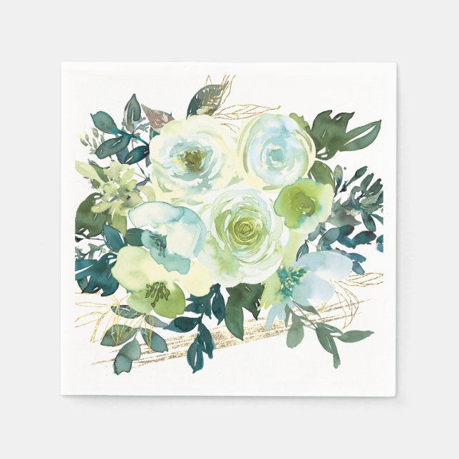 Elegant Blue White Gold Turquoise Floral Wedding Napkins (Front)