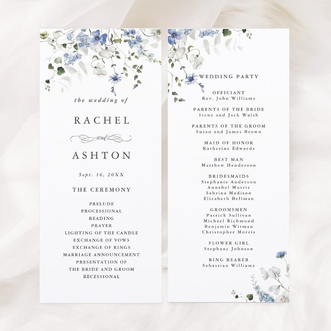 Elegant Blue White Green Floral Wedding Ceremony Program (Front & Back)