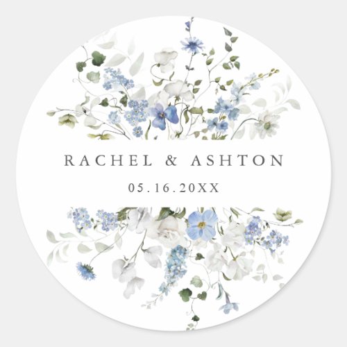 Elegant Blue White Green Floral Wedding Classic Round Sticker