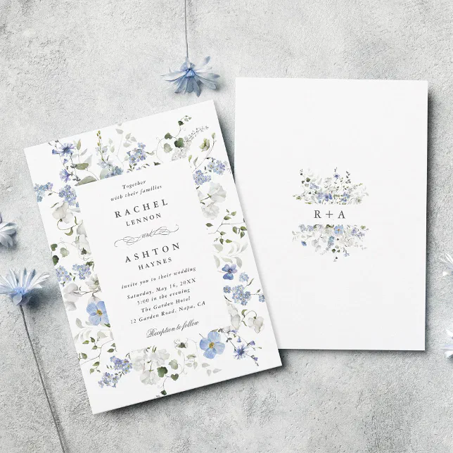 Elegant Blue White Green Floral Wedding Invitation | Zazzle