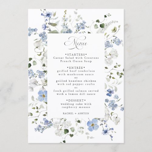 Elegant Blue White Green Floral Wedding Menu