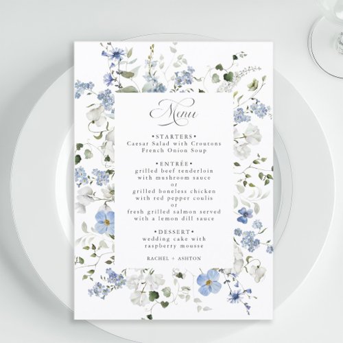 Elegant Blue White Green Floral Wedding Menu