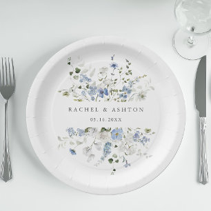 Elegant Blue White Green Floral Wedding Paper Plates