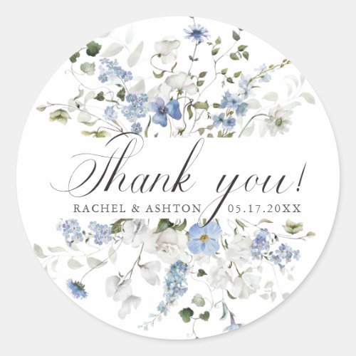 Elegant Blue White Green Floral Wedding Thank you Classic Round Sticker