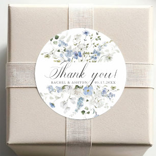 Elegant Blue White Green Floral Wedding Thank you Classic Round Sticker