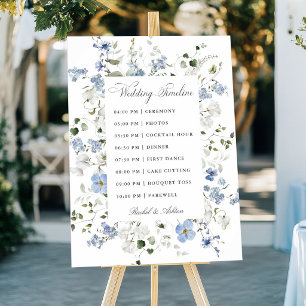 Elegant Blue White Green Floral Wedding Timeline Poster