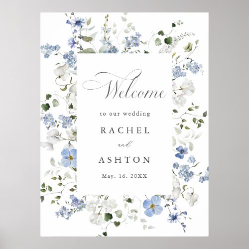 Elegant Blue White Green Floral Wedding Welcome Poster
