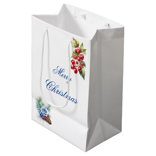 Elegant Blue White Holly Berries Merry Christmas Medium Gift Bag (Front Angled)