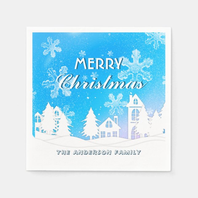 Elegant Blue White House Snowflakes Merry Xmas Napkins (Front)