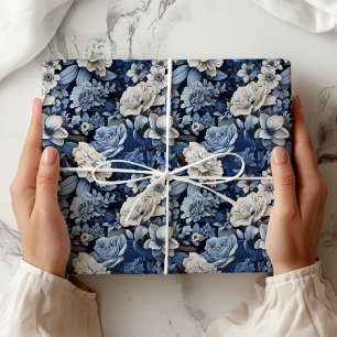 Elegant Blue White Ivory Floral Luxury Wrapping Paper