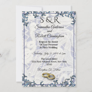 Elegant Blue & White Lace with Rings - Invitation