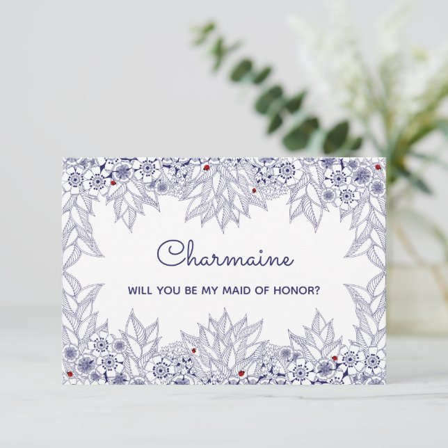 Elegant Blue White Maid of Honor Invite (Standing Front)