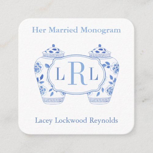 Elegant Blue White Married Monograms Bridal Shower Enclosure Card