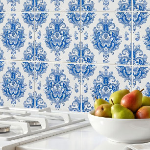 Elegant Blue White Mediterranean Damask Pattern Ceramic Tile