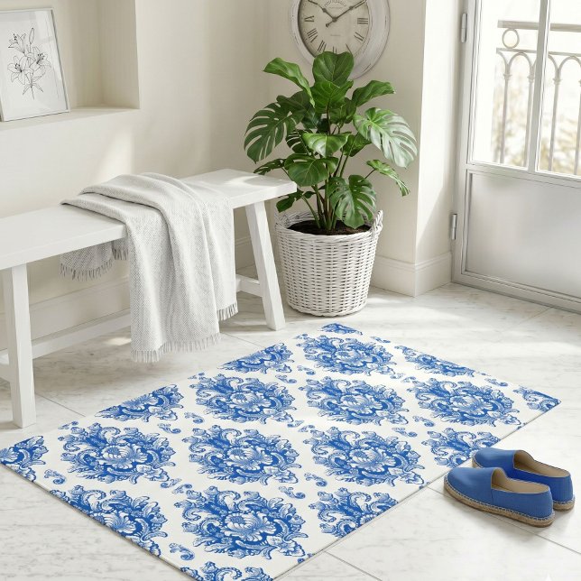 Elegant Blue White Mediterranean Damask Pattern Doormat (Creator Uploaded)