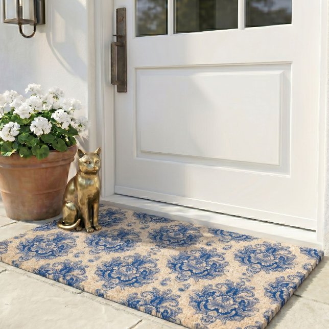 Elegant Blue White Mediterranean Damask Pattern Fiber Doormat (Creator Uploaded)